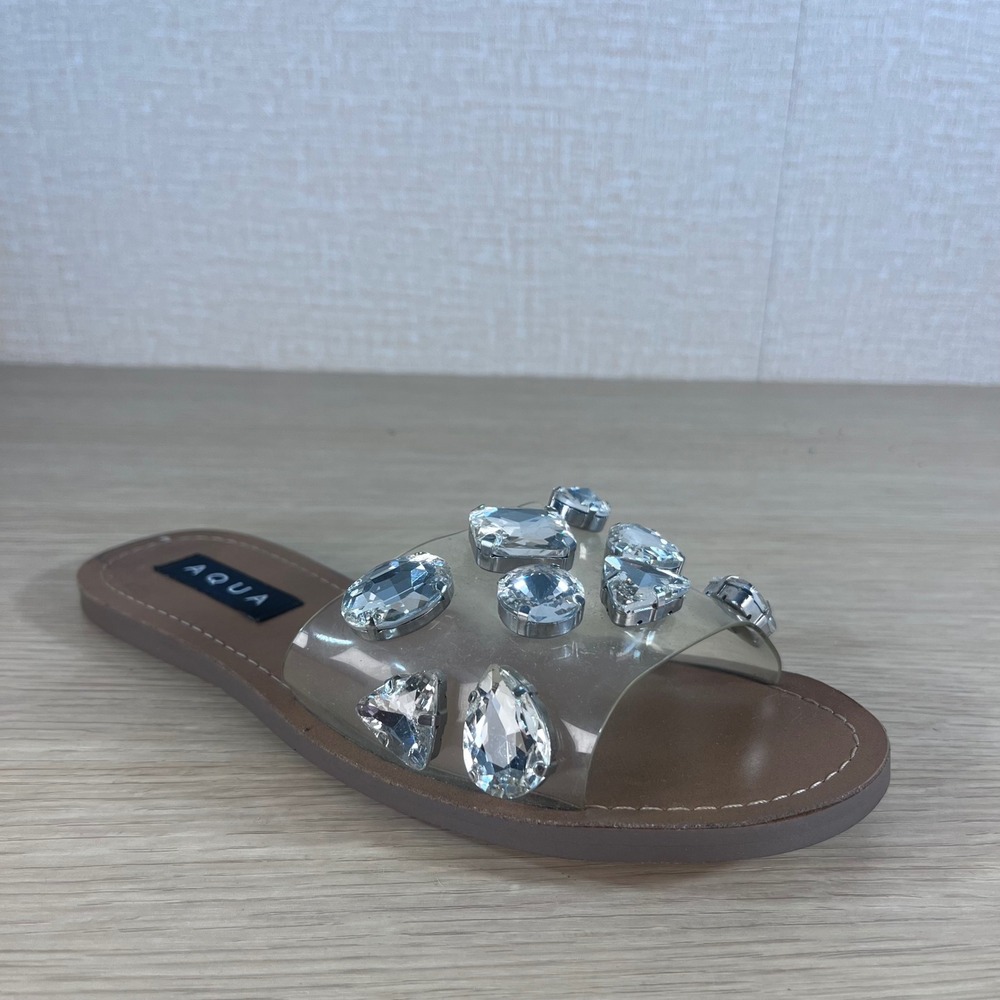 AQUA Twinkle Clear Crystal Embellished Slide Sandals Brown 6.5M Womens Flat